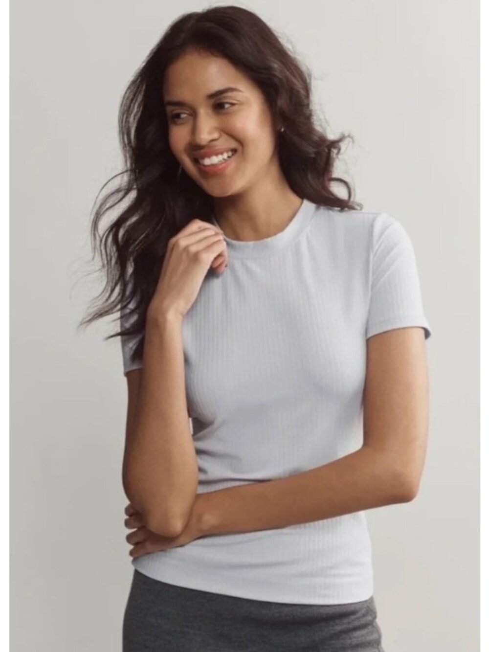 NEW Rhone Modern Grey Ribbed Stretchy Short-Sleeve Shirt Crew-Neck Women Small